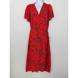 GAP Floral Wrap Dress Petite M Red Blue Short Sleeve Midi